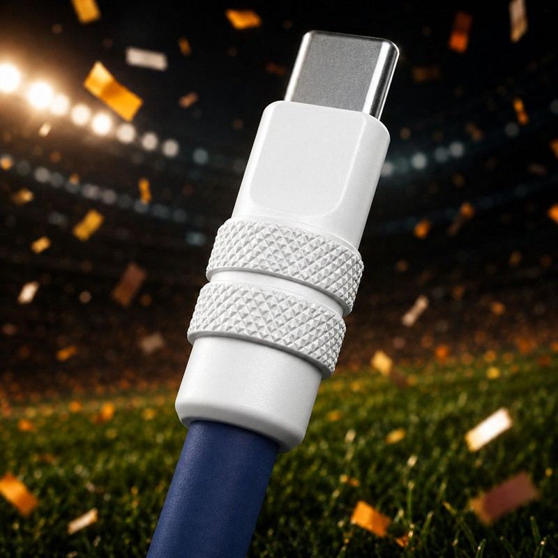 Close-up of white heavy-duty USB-C connector with stadium background