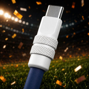 Close-up of white heavy-duty USB-C connector with stadium background