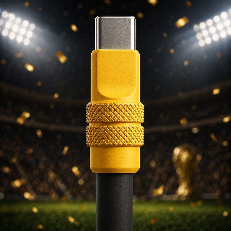 Close-up of yellow rugged USB-C cable connector in a stadium