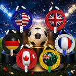 Multi-nation themed soccer ball charging cables displayed on stadium podiums