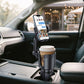 Car cup holder phone mount with smartphone and coffee cup