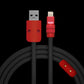 Coiled black USB-A to Lightning cable featuring a solid red USB head