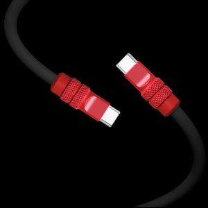 Two red textured USB Type-C connector heads on a black cable