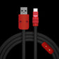 Coiled black USB-A to USB-C charging cable with red metal housing