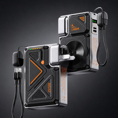 Modern black 10000mAh power bank with integrated cables and foldable plug.