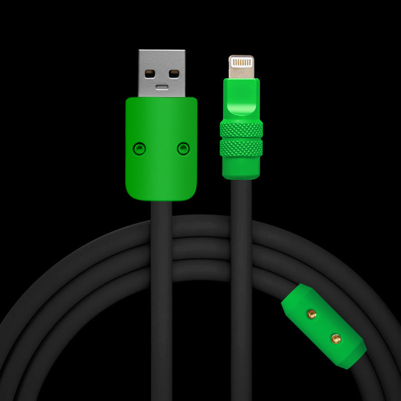 Durable black silicone USB-A to Lightning cable with green housing.
