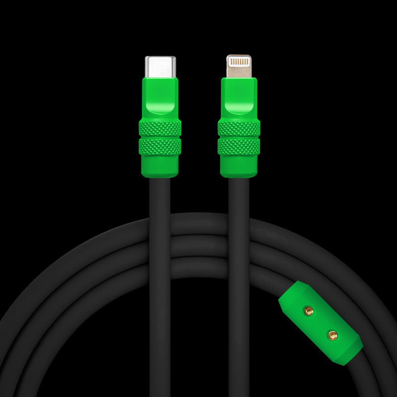 Black silicone USB-C to Lightning cable with green textured connectors.