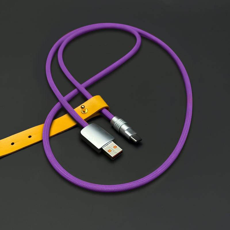 Purple braided USB-A to Type-C cable with leather cable tie.