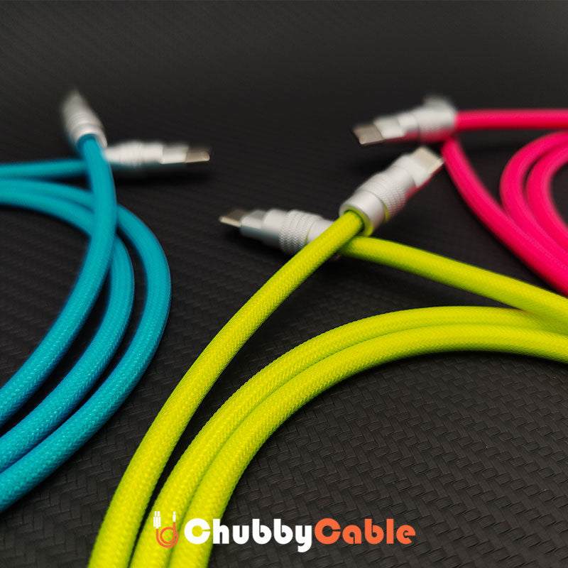 Close up of colorful braided USB-C cables by ChubbyCable.
