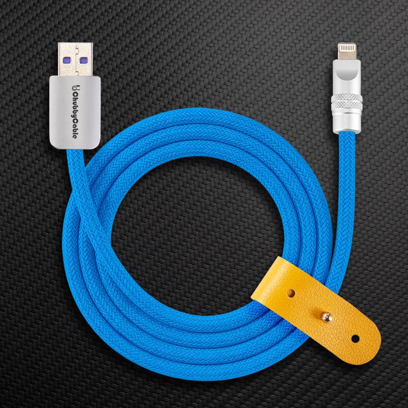 Blue braided USB-A to Lightning charging cable with leather strap