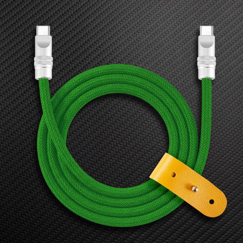 Green braided USB-C to USB-C charging cable with yellow strap