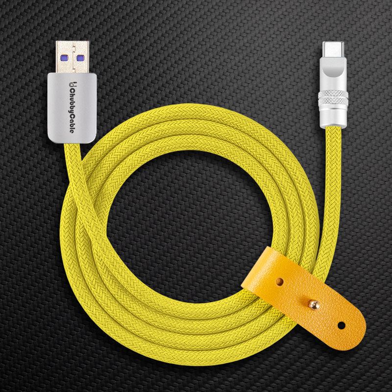 Yellow braided USB-A to Type-C charging cable with leather strap