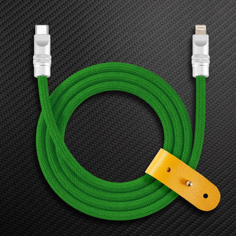 Green braided USB-C to Lightning cable with yellow leather strap