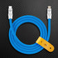Blue braided USB-C to Lightning cable with yellow leather strap