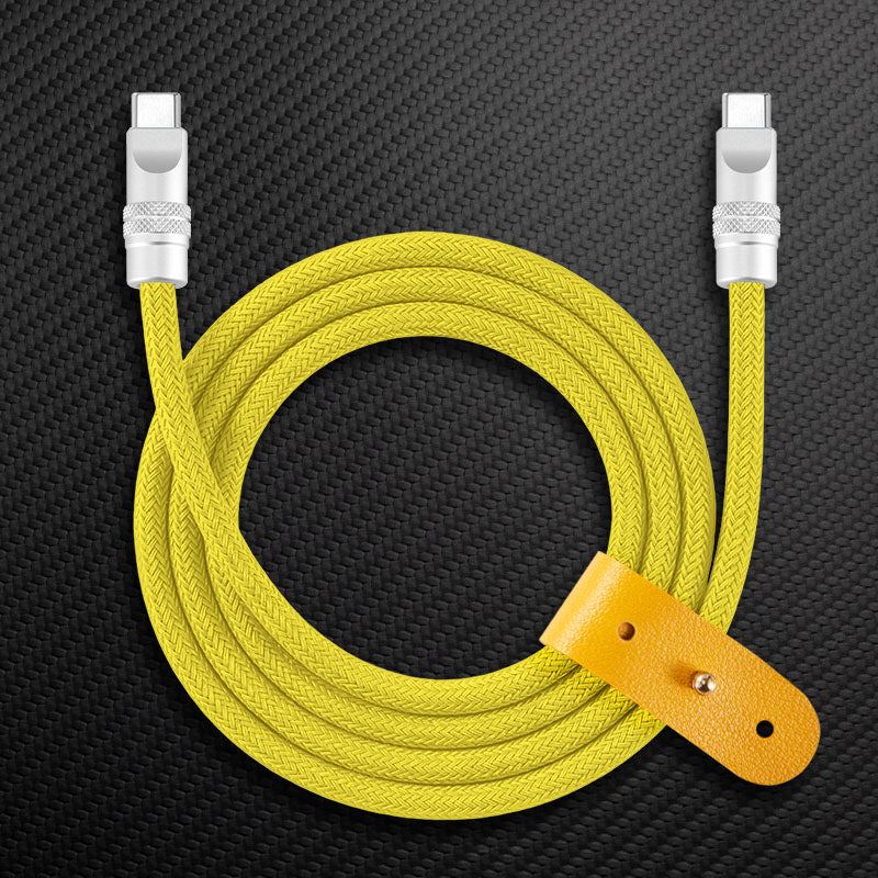 Yellow braided USB-C to USB-C charging cable with yellow strap