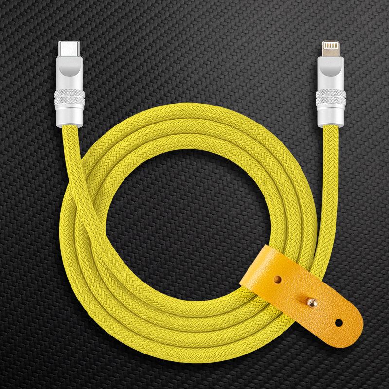 Yellow braided USB-C to Lightning cable with leather organizer strap