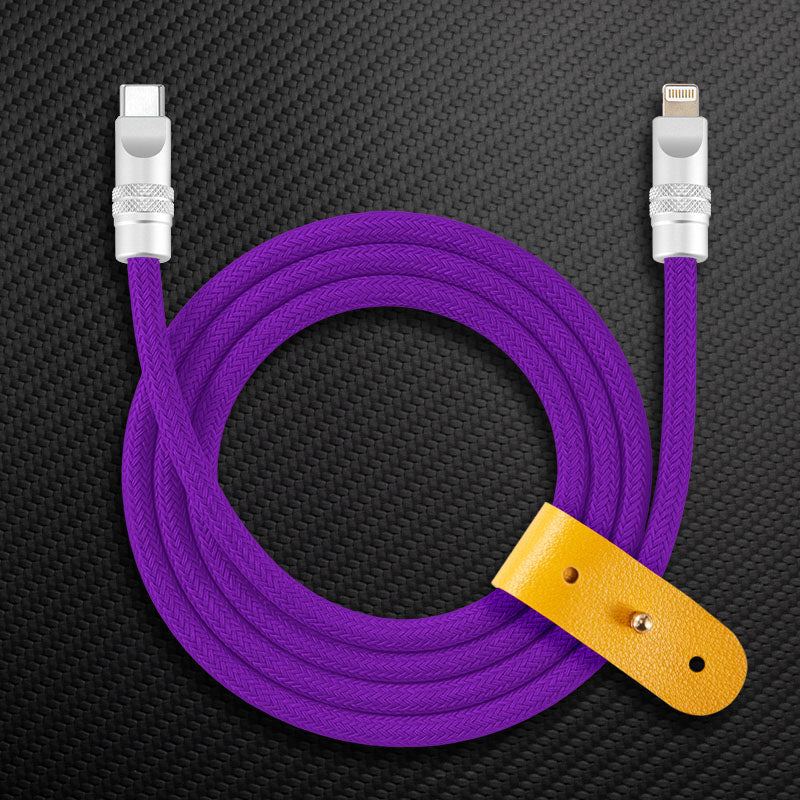 Purple braided USB-C to Lightning cable with yellow leather strap
