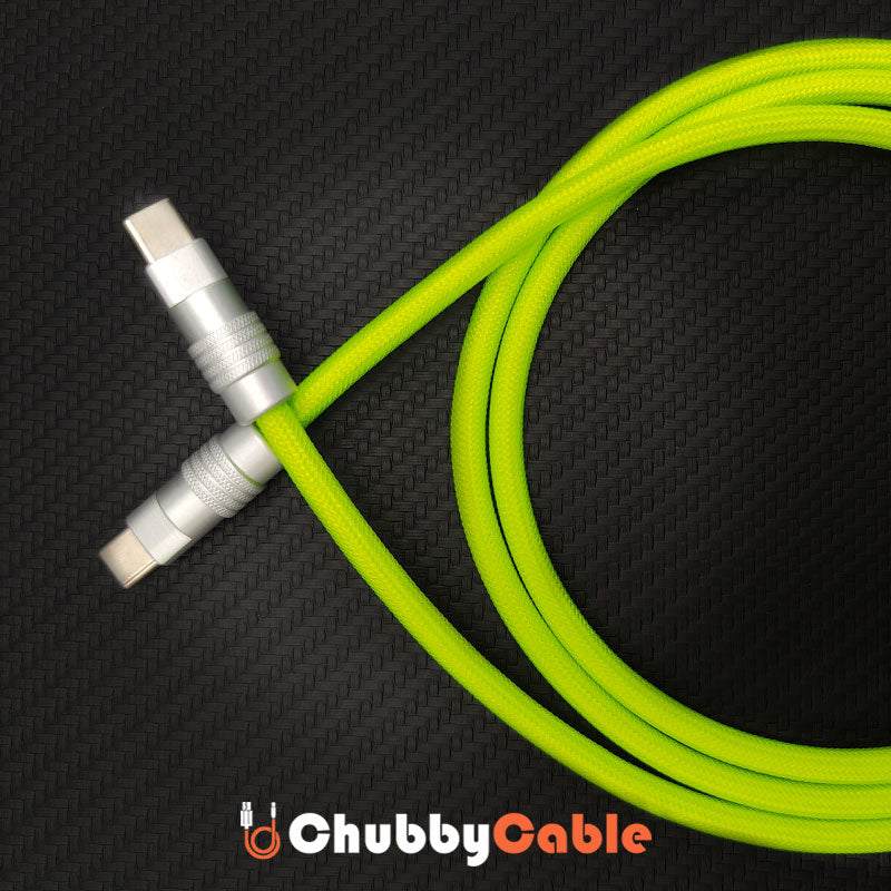 Close-up of lime green braided dual USB-C Chubby Cable.
