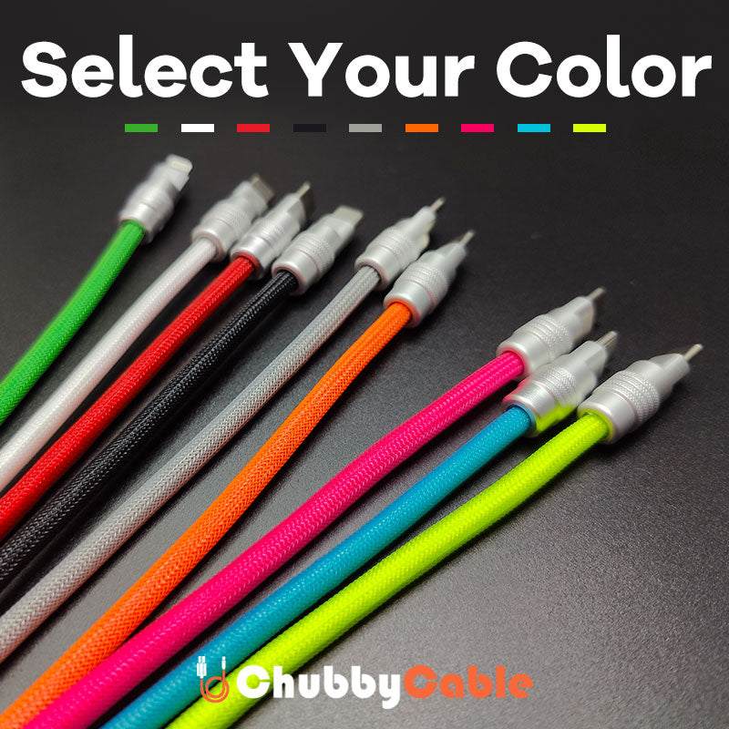 Selection of multi-colored braided Chubby Cables with silver connectors.
