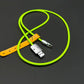Lime green braided USB to Type-C cable with yellow leather organizer strap.
