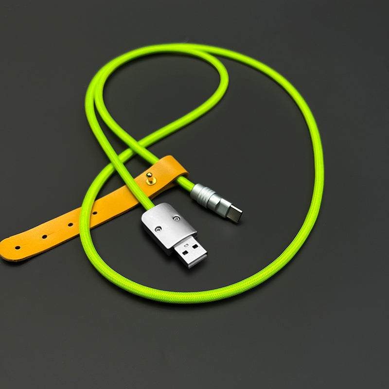 Lime green braided USB to Type-C cable with yellow leather organizer strap.