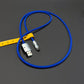 Dark blue braided USB to Type-C charging cable with yellow leather strap.