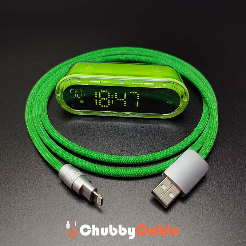 Green braided Chubby Cable with digital power display charging indicator.