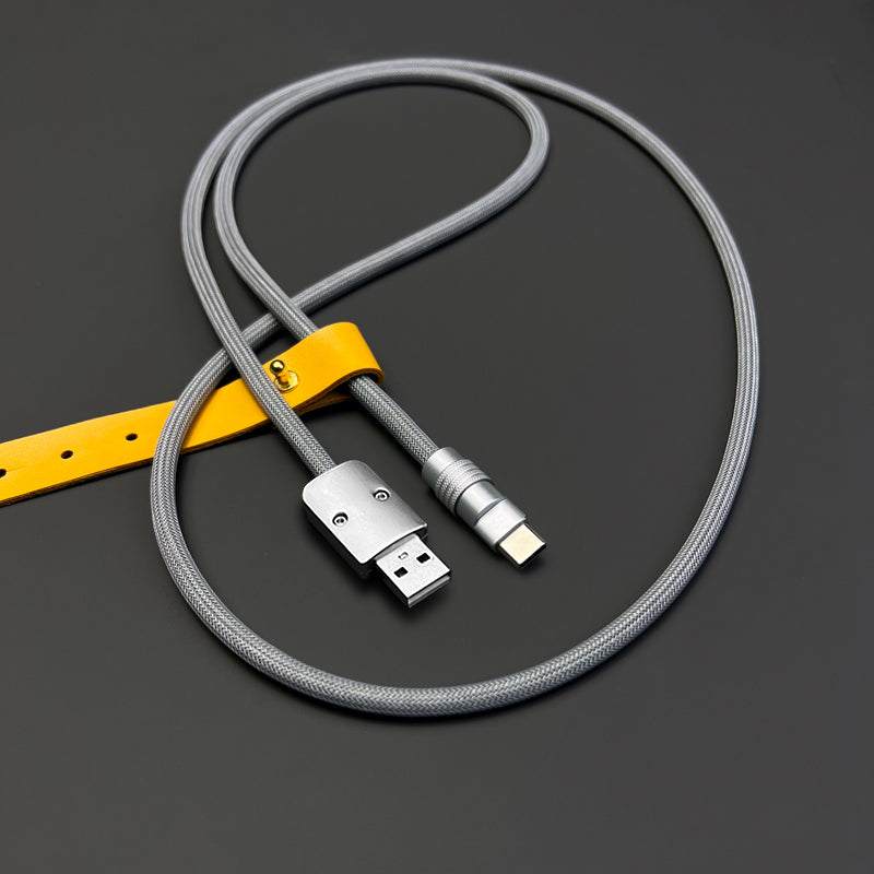 Grey braided USB to Type-C data cable with yellow leather cable tie.