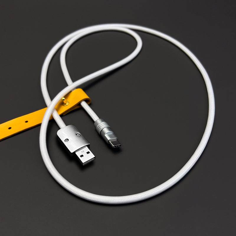 White braided USB-A to Type-C Chubby Cable with leather wrap.