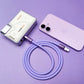 Purple Chubby Cable connecting a wireless magnetic power bank to an iPhone 17 for fast charging.