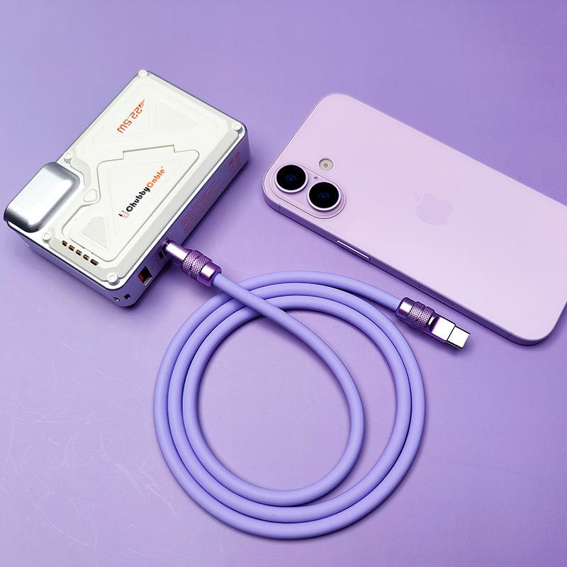 Purple Chubby Cable connecting a wireless magnetic power bank to an iPhone 17 for fast charging.