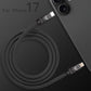 Top view of coiled matte black 240W silicone fast charging cable with anodized connectors. PD Fast Charging Cable for iPhone