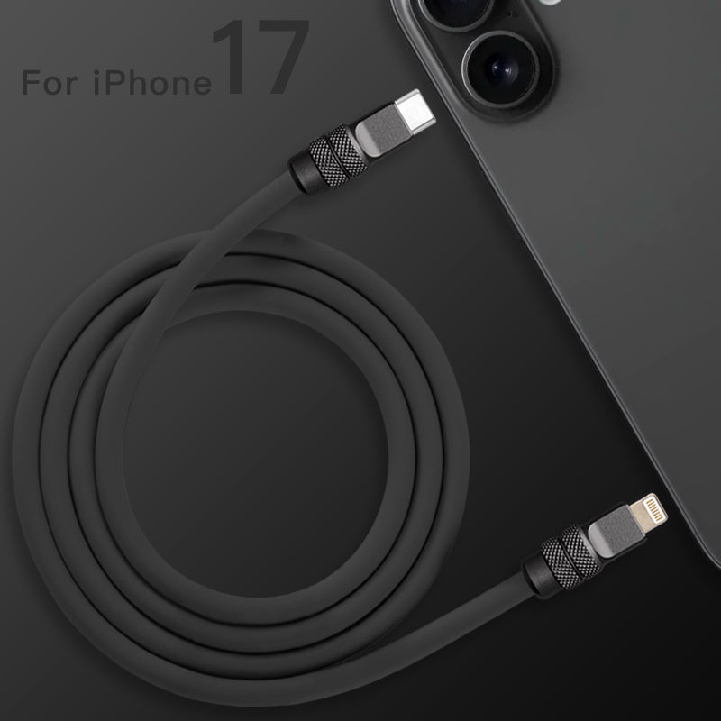 Top view of coiled matte black 240W silicone fast charging cable with anodized connectors. PD Fast Charging Cable for iPhone