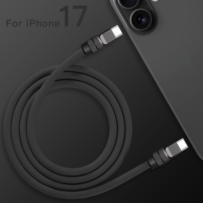 Top view of coiled black 240W silicone fast charging cable with anodized connectors, product shot. C to C