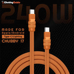 Orange 240W silicone fast charging cable with premium anodized connectors by Chubby Cable, showing USB-C and Lightning tips.