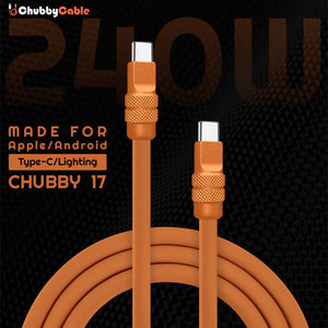 Orange 240W silicone fast charging cable with premium anodized connectors by Chubby Cable, showing USB-C and Lightning tips.