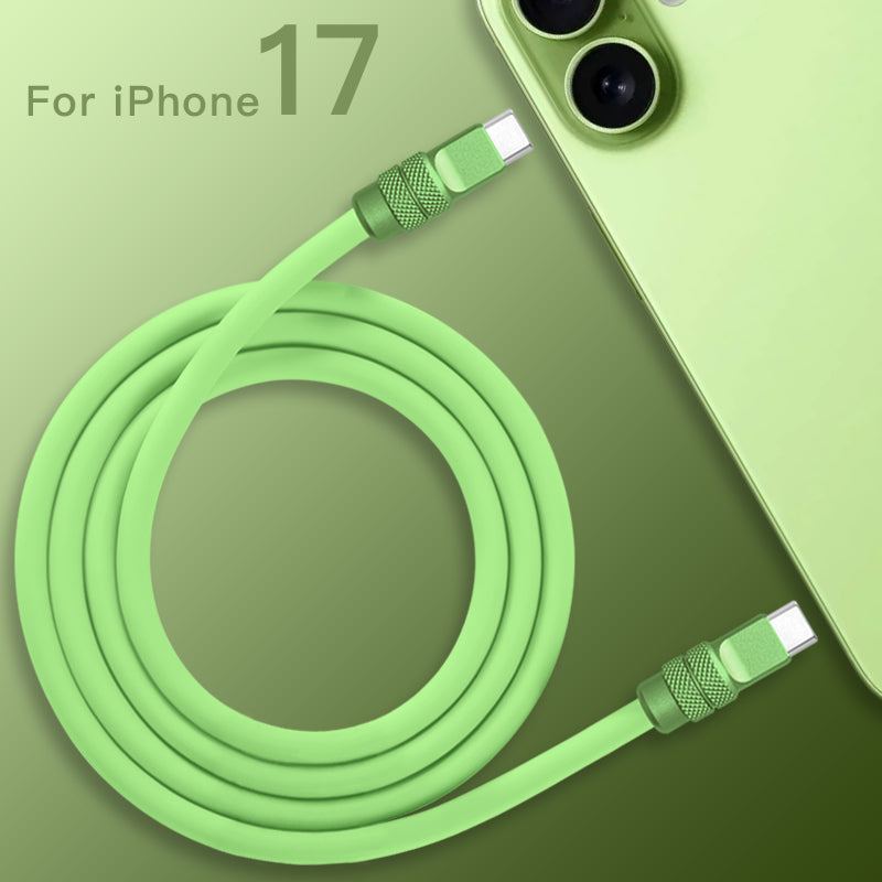 Top view of coiled green 240W silicone fast charging cable with anodized connectors, product shot. C to C