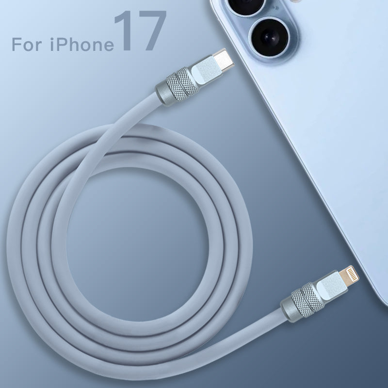 Alternate view of coiled blue-grey 240W silicone fast charging cable, showing texture. PD Fast Charging Cable for iPhone