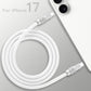 Top view of coiled white 240W silicone fast charging cable with anodized connectors, product shot. C to C