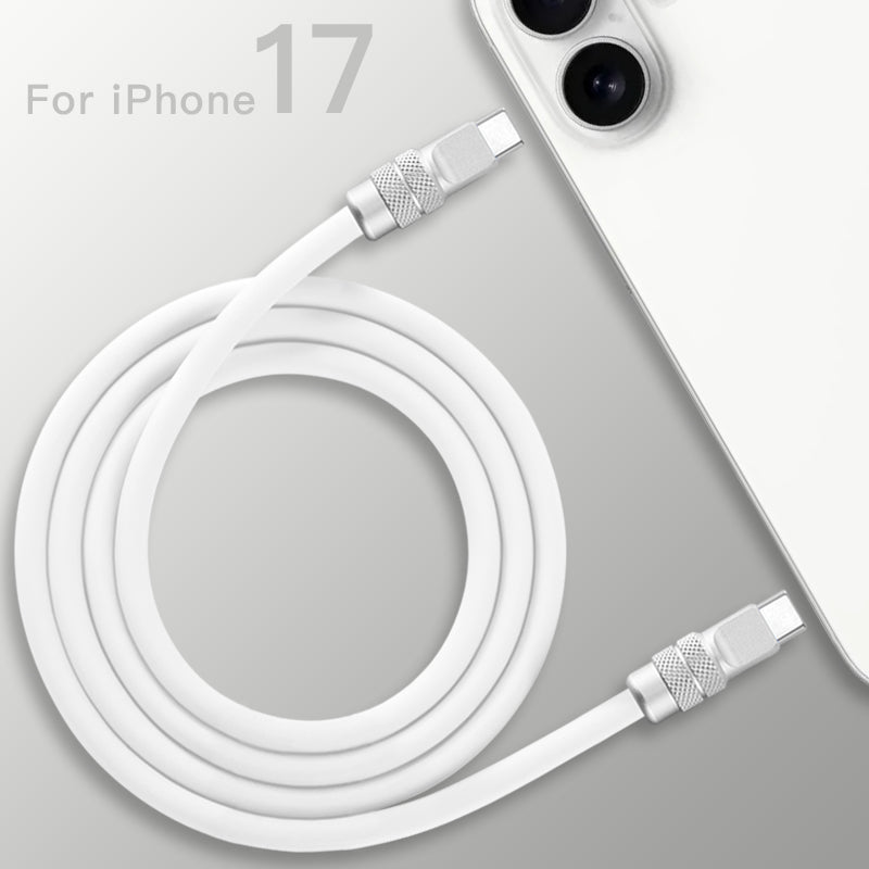 Top view of coiled white 240W silicone fast charging cable with anodized connectors, product shot. C to C
