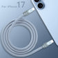 Top view of coiled blue-grey 240W silicone fast charging cable with anodized connectors, product shot. C to C