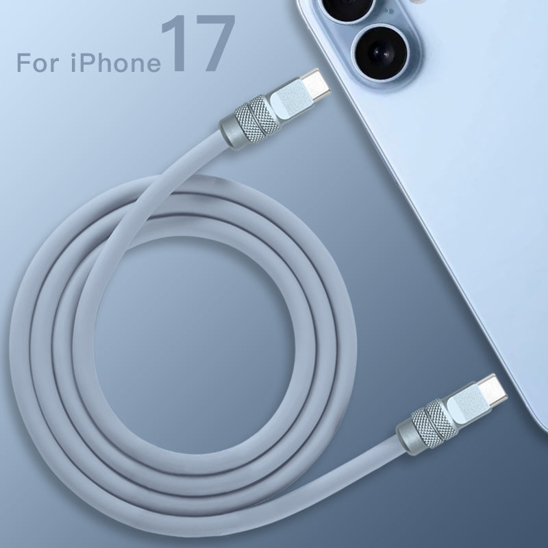 Top view of coiled blue-grey 240W silicone fast charging cable with anodized connectors, product shot. C to C