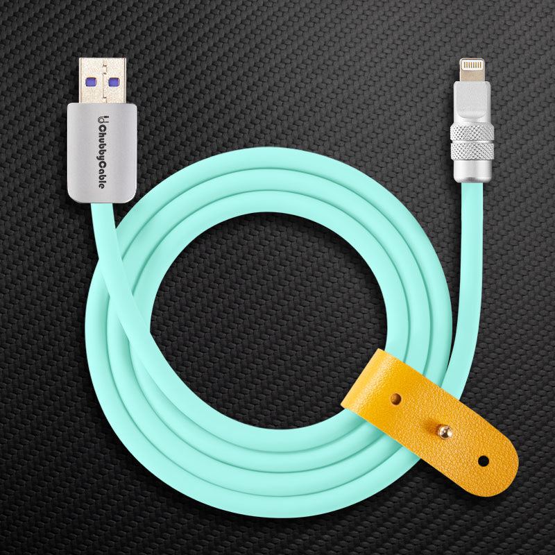 Mint green USB-A to Lightning cable with leather strap