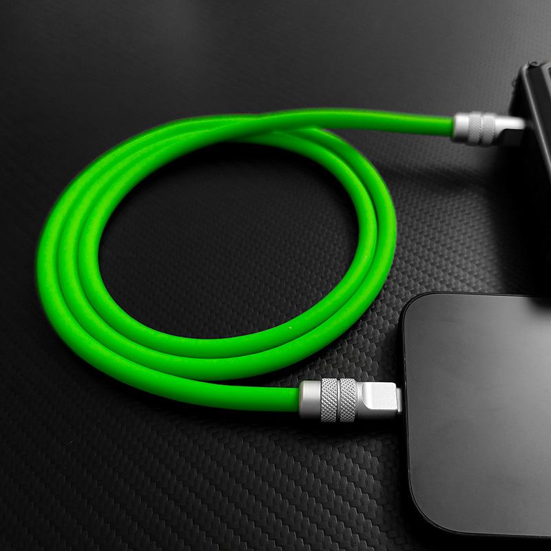 Neon green heavy-duty USB-C charging cable connecting a mobile device.