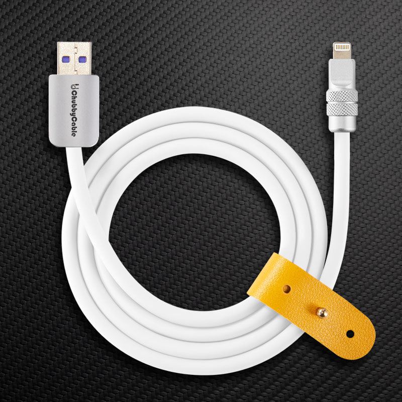 White USB-A to Lightning charging cable with yellow leather strap