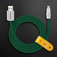 Green USB-A to Lightning charging cable with yellow leather strap