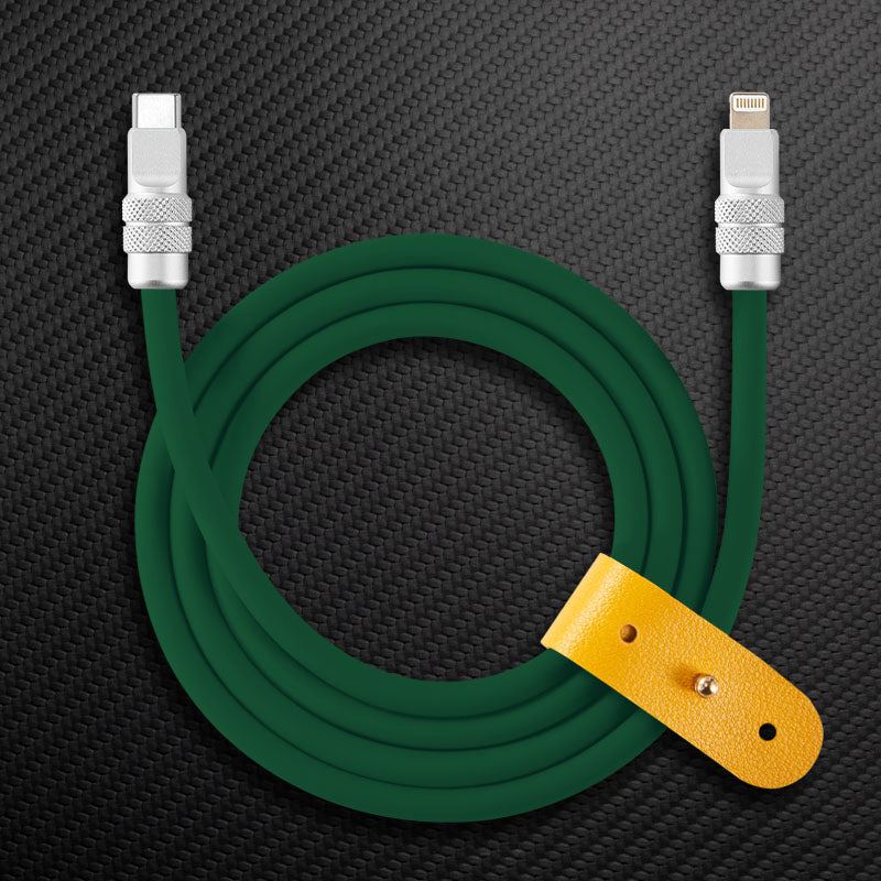 Green USB-C to Lightning charging cable with yellow leather strap
