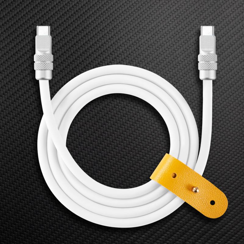 White USB-C to USB-C charging cable with yellow leather strap
