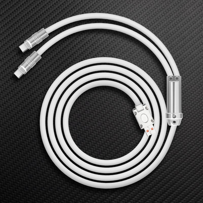 White silicone USB charging cable with metal connector housing