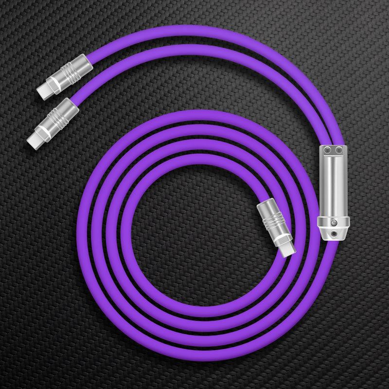 Purple thick USB cable coiled on black textured background